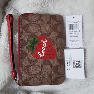 Coach Corner Zip Wristlet In Signature Print W Wild Strawberry, New With Tags